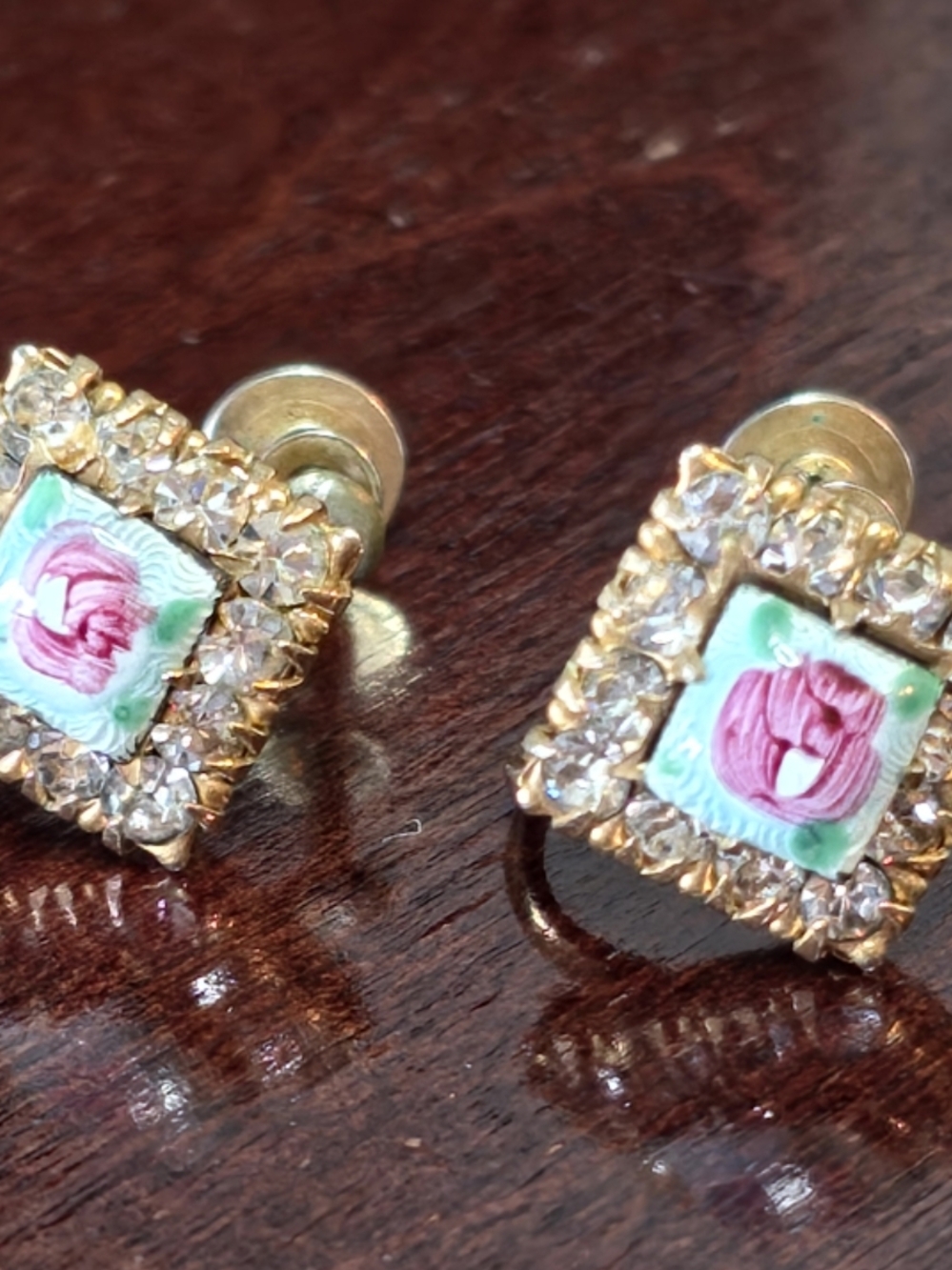Vintage Guilloche Enamel Rose Earrings
